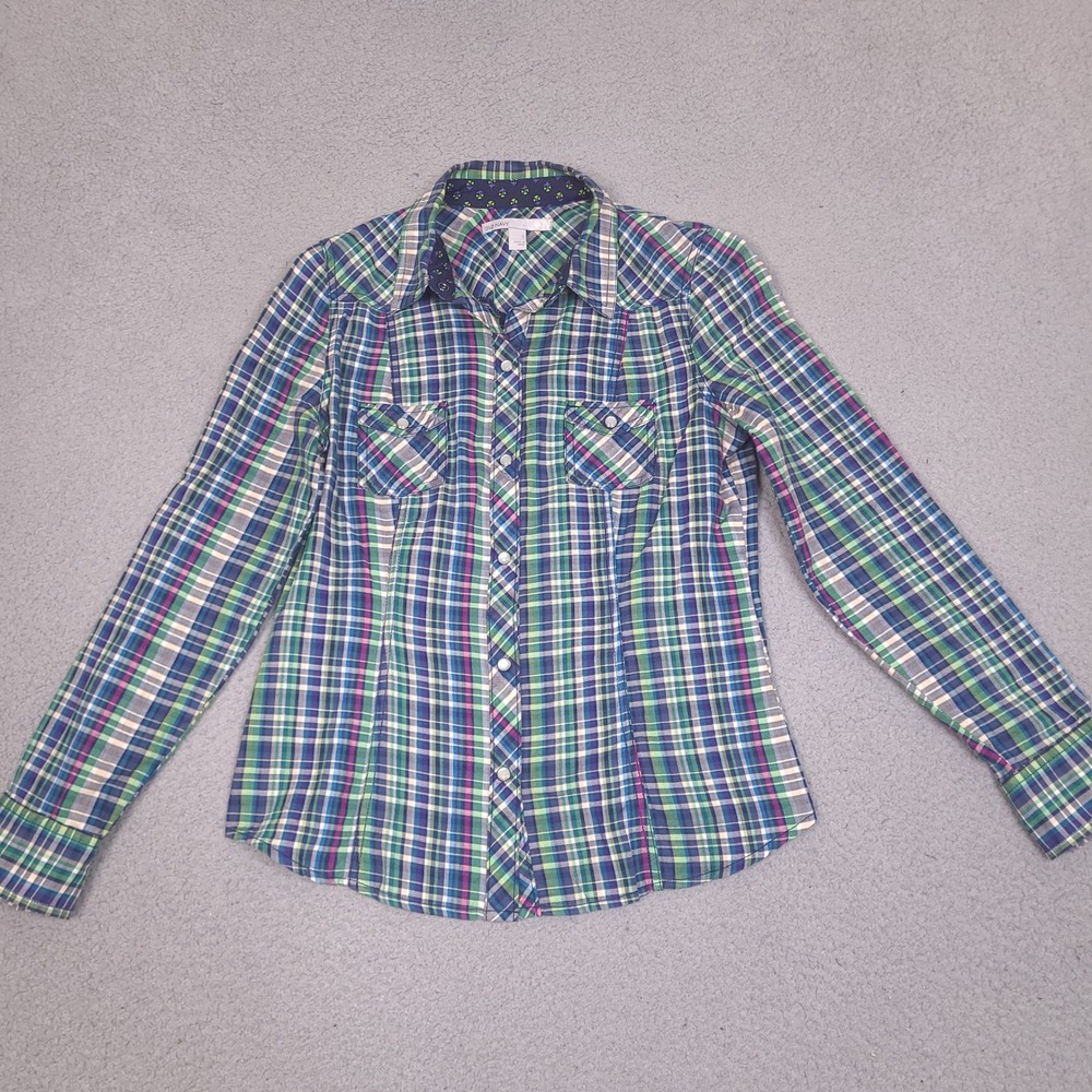 Old Navy Western Pearl Snap Shirt Womens Small Green Blue Button Rodeo